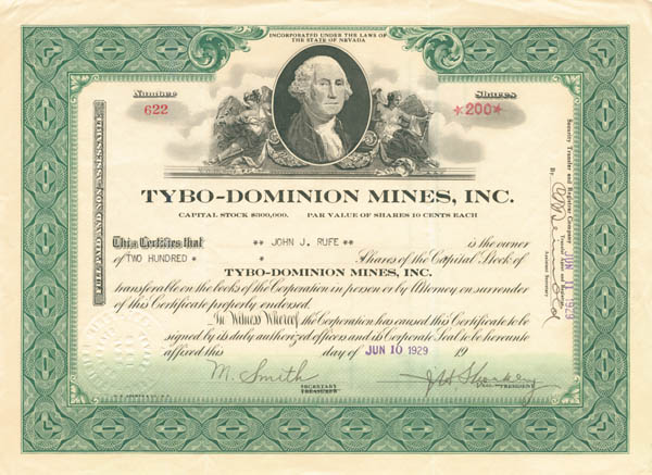 Tybo-Dominion Mines, Inc. - Stock Certificate