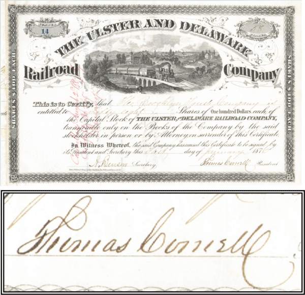 Thomas Cornell - Ulster and Delaware Railroad - Stock Certificate
