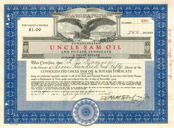Consolidated Uncle Sam Oil and Potash Syndicate - Stock Certificate