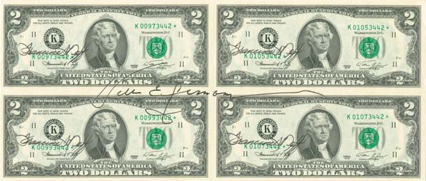 Uncut Sheet of 4 $2 dated 1976 Notes - Signed by Francine Neff and William E. Simon