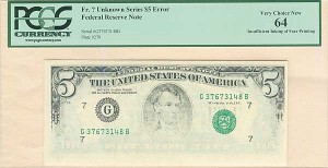 Paper Money Error - $5 Insufficient Ink on Face - Chicago District
