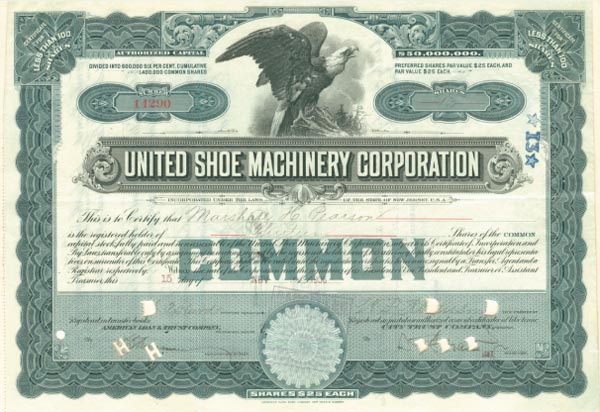United Shoe Machinery Corporation - Stock Certificate