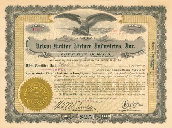 Urban Motion Picture Industries, Inc - Stock Certificate