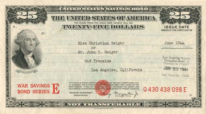 1944-45 dated $25 United States Savings Bond (Uncanceled) - U.S. Scripophily