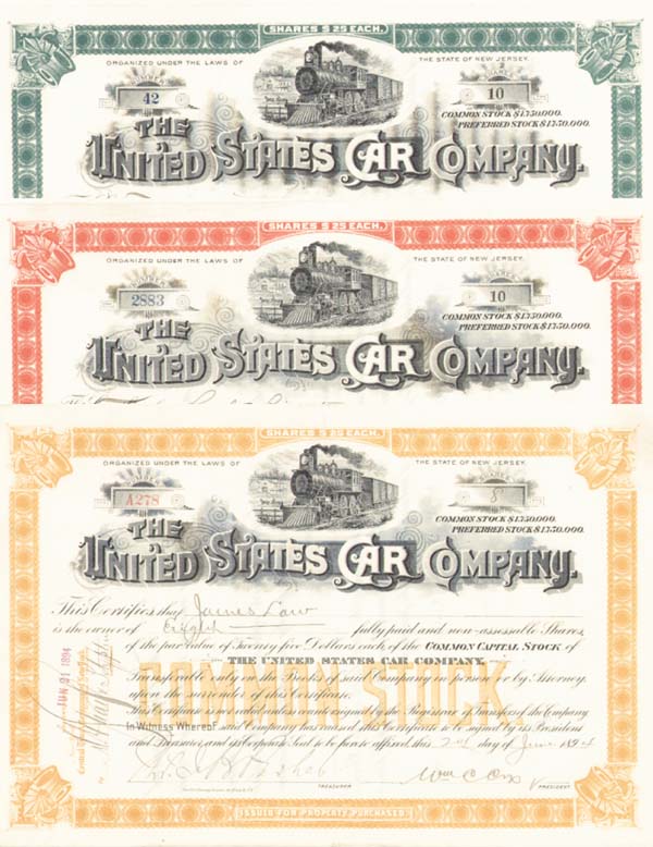 United States Car Co - 1890's dated Railroad Car Stock Certificate (Uncanceled)