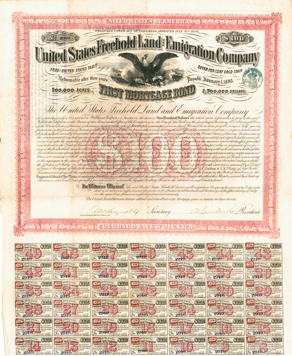 United States Freehold Land and Emigration Co. $100 Bond signed by General Ambrose E. Burnside