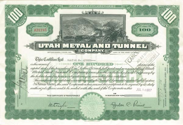 Utah Metal and Tunnel Co. - Stock Certificate