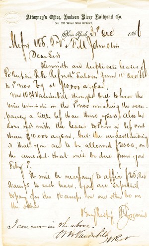 W. H. Vanderbilt signed Letter - SOLD