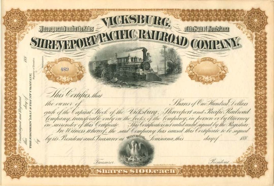 Vicksburg, Shreveport and Pacific Railroad Co. - 1880's dated Railway Stock Certificate