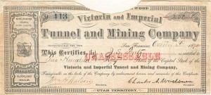 Victoria and Imperial Tunnel and Mining Co. - 1872 dated Utah Territory Mining Stock Certificate