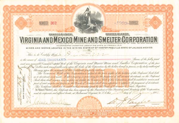 Virginia and Mexico Mine and Smelter Corporation - Stock Certificate