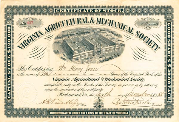 Virginia Agricultural and Mechanical Society - Stock Certificate