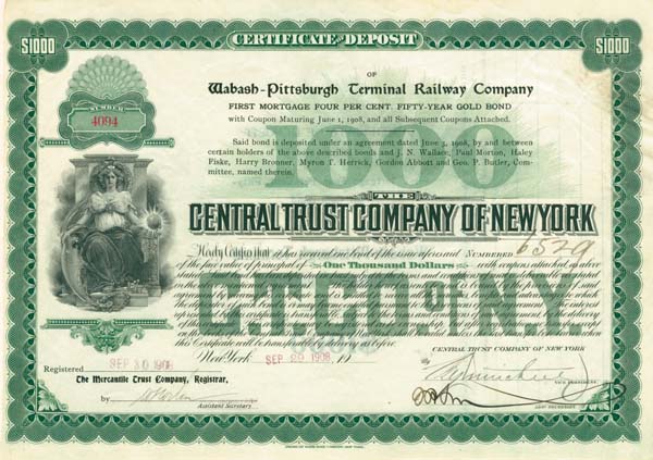 Wabash-Pittsburgh Terminal Railway - Bond (Uncanceled)