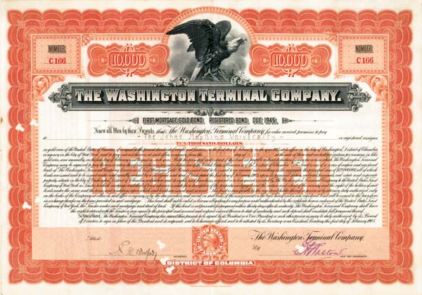 Washington Terminal Co. issued to Johns Hopkins University - $10,000 Railway Bond