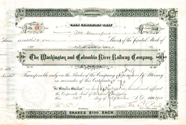 Washington and Columbia River Railway Co. - Stock Certificate