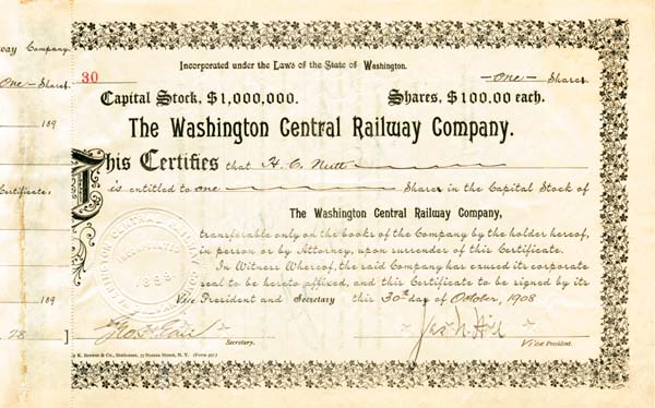 Washington Central Railway Co. - Stock Certificate