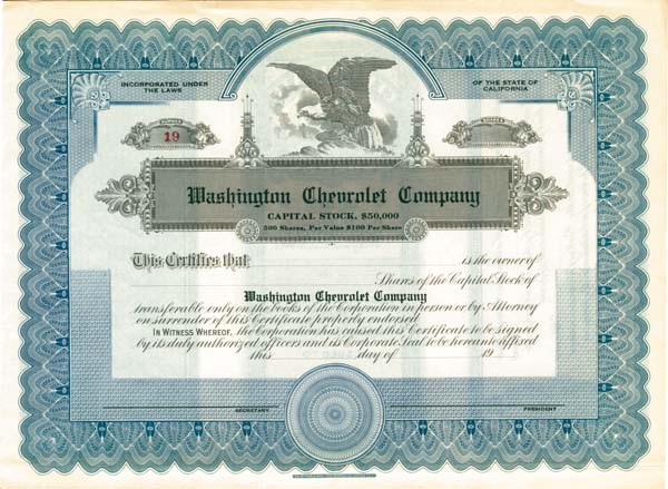 Washington Chevrolet Co. - Stock Certificate