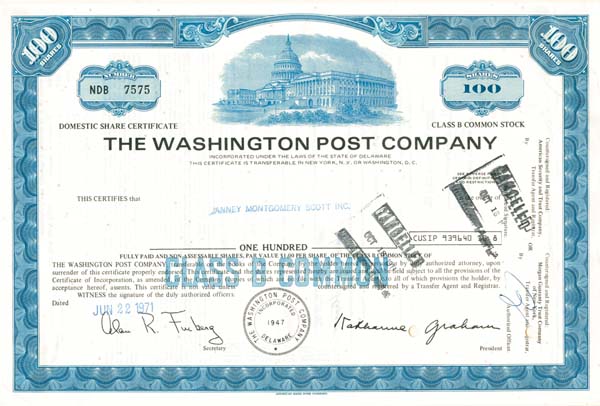 Washington Post Co. - Issued Stock Certificate - Very Historic Co.
