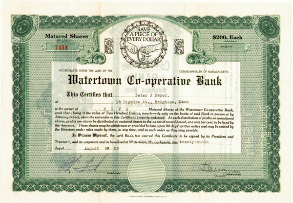 Watertown Co-operative Bank - Stock Certificate