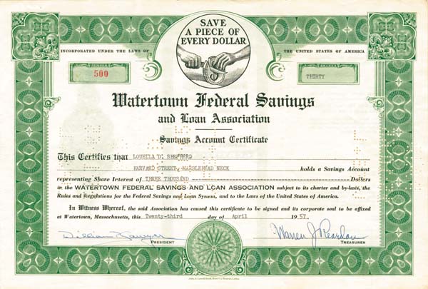 Watertown Federal Savings and Loan Association - Stock Certificate