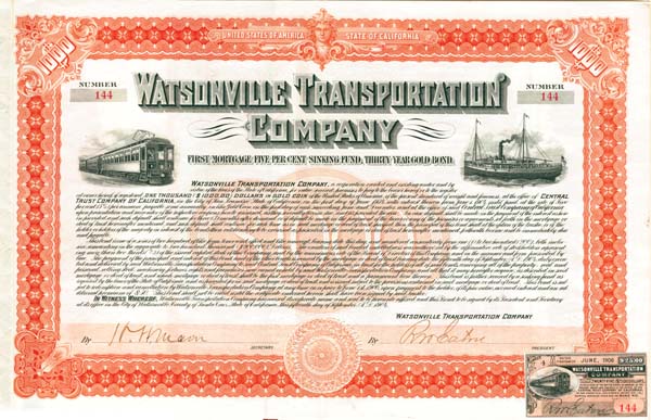 Watsonville Transportation Co. - Uncanceled California Gold Bond