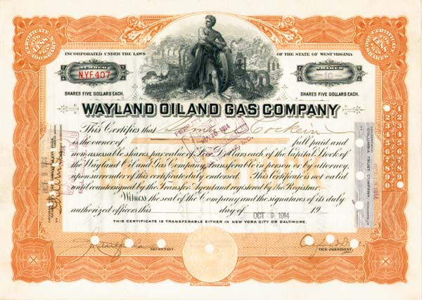 Wayland Oil and Gas Company - Stock Certificate
