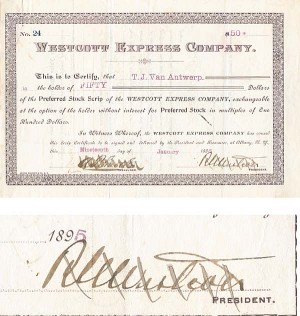 Westcott Express Co. signed by R. Westcott - Stock Certificate