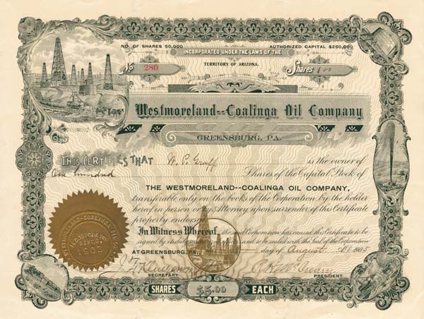 Westmoreland-Coalinga Oil Co. - Stock Certificate