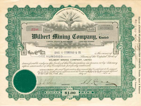 Wilbert Mining Co. - Stock Certificate