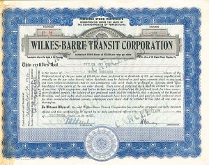 Wilkes-Barre Transit Corporation - Stock Certificate
