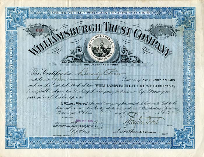 Williamsburgh Trust Co. signed by Brayton Ives