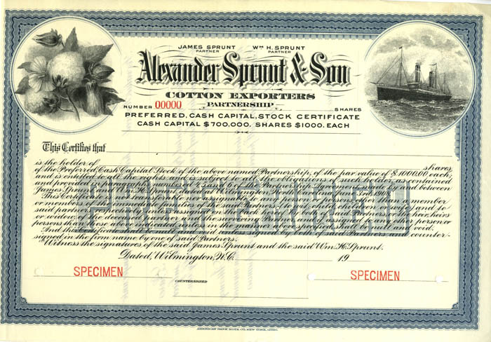 Alexander Sprout and Son - Cotton Exporters - Stock Certificate