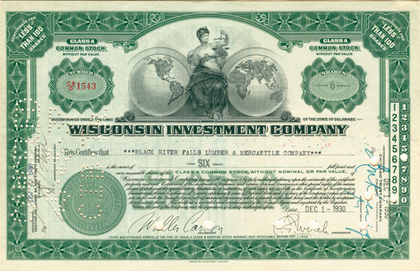 Wisconsin Investment Inc. - Stock Certificate