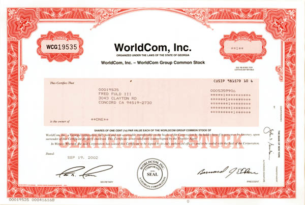 Worldcom Incorporated - Stock Certificate - Famous Scandal