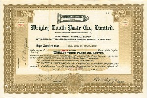Wrigley Tooth Paste Co., Ltd - 1928 dated Stock Certificate - W. W. Wrigley signed - Not the Gum Maker