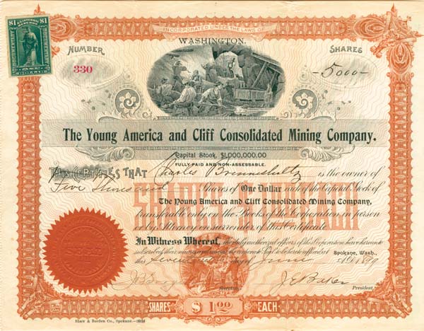 Young America and Cliff Consolidated Mining Co. - Stock Certificate
