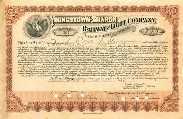 Youngstown-Sharon Railway and Light Co. - Stock Certificate