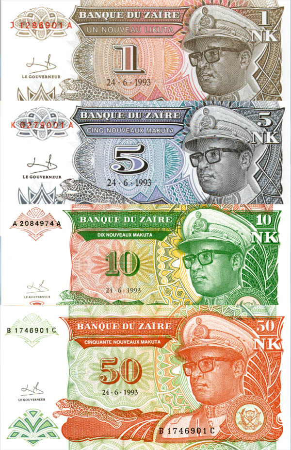 Zaire - P-47, 48, 49, and 51 - Set of 4 Notes - Foreign Paper Money