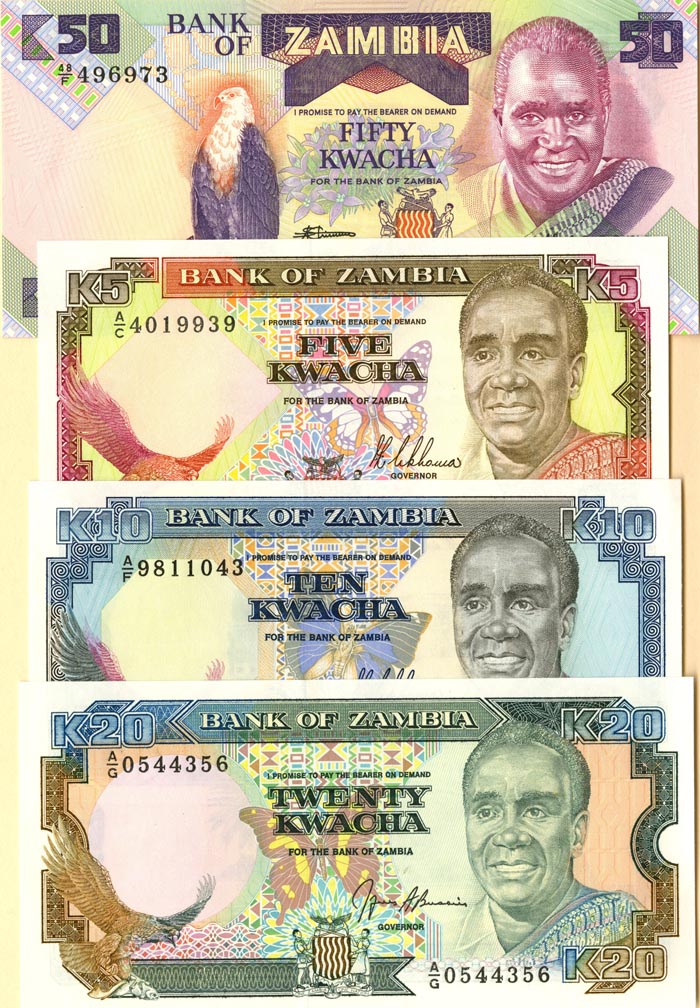 Zambia - P-30a; 10 Kwatcha, ND, P-32b, P-28a - Set of 4 Notes - Foreign Paper Money